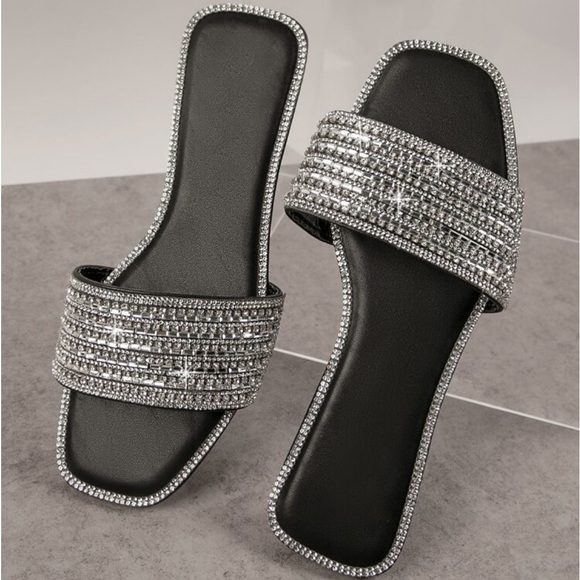 Shoes - Black Sparkle Strap Slide Sandals